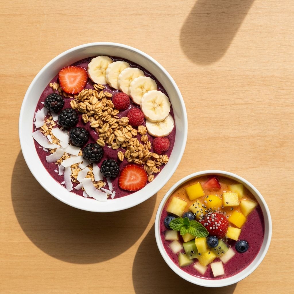 Vibrant acai bowl topped with fresh berries, granola and banana