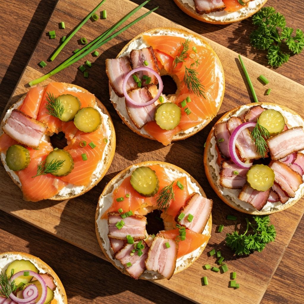 Gourmet bagels with smoked salmon and pork belly on a wooden board