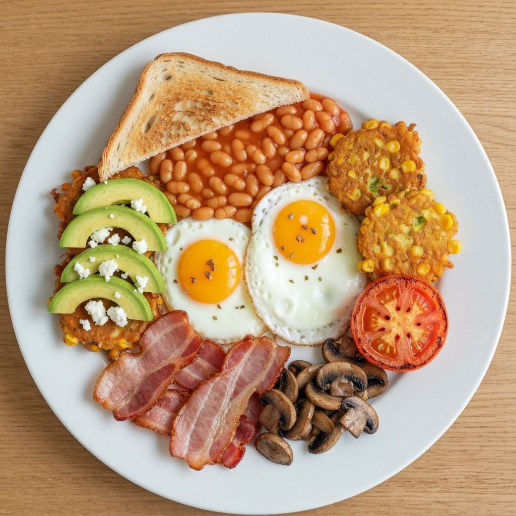 Full English breakfast plate and corn fritters on a white café plate