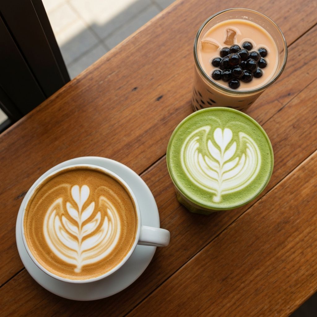 Artisan coffee, matcha latte and bubble tea on a café table