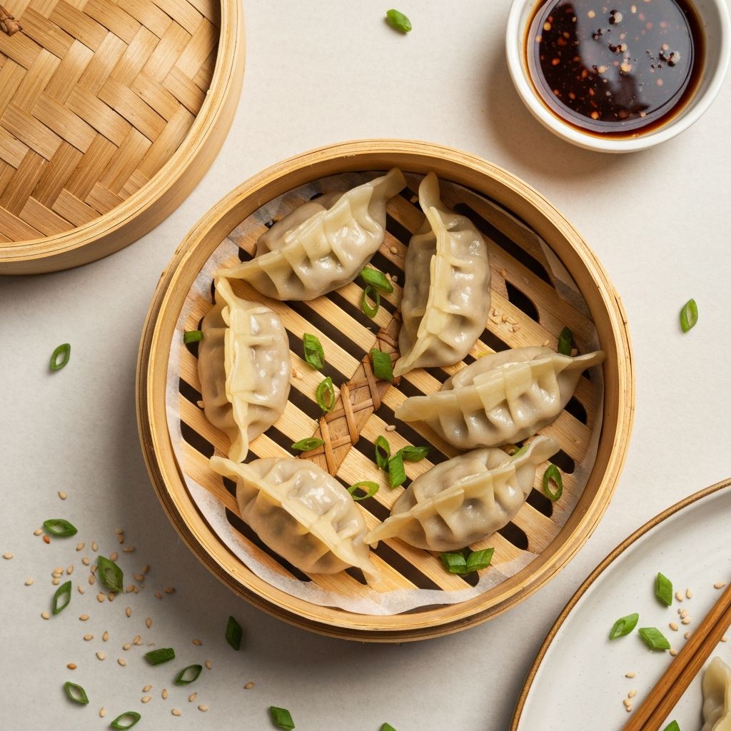 Pan-fried pork and chili chicken dumplings served with dipping sauce
